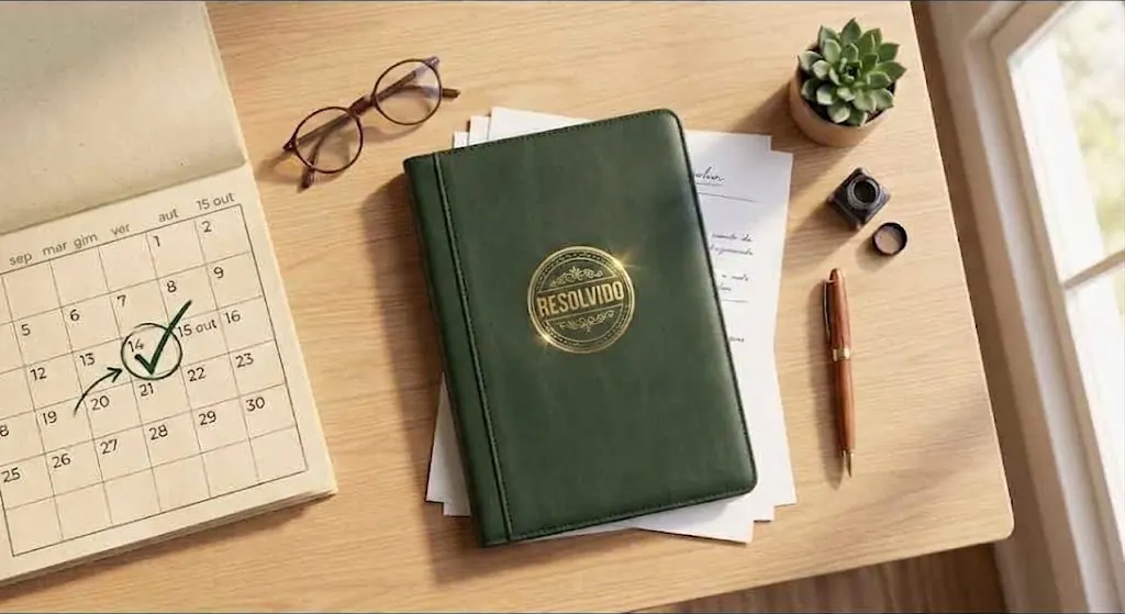 Mesa com calendário marcado, pasta de documentos com selo dourado "resolvido" e caneta