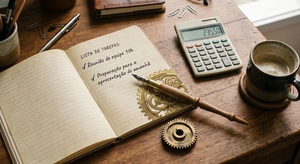 Mesa de trabalho com caderno de tarefas, caneta, engrenagem dourada, calculadora e café