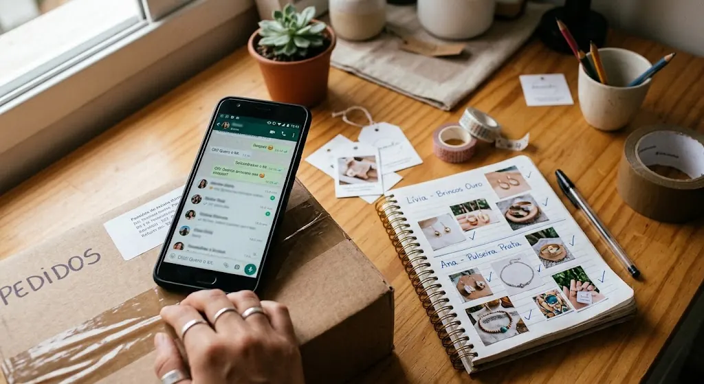 Mesa de trabalho com celular mostrando conversa no WhatsApp, caixa de pedidos e caderno de catálogo de produtos